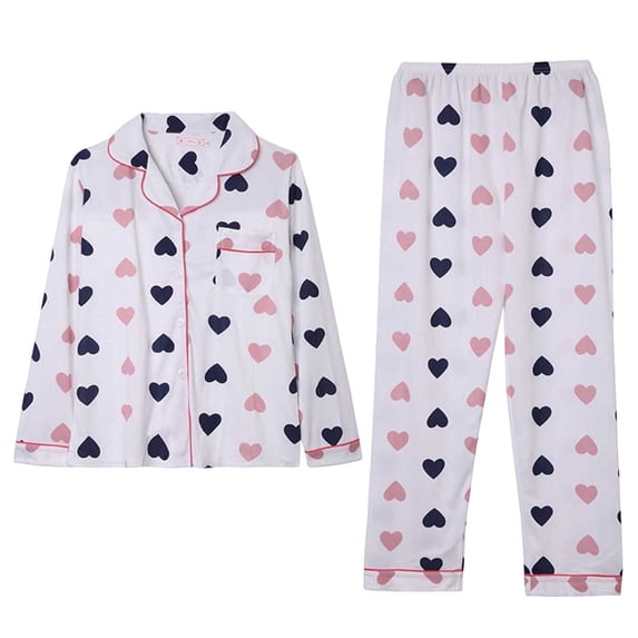 Ecqkame Pajamas for Women Set Casual Print Lapel Button Long Sleeve Top Elastic Waist Pants Loungewear Loose Comfy 2 Piece Sleepwear Sets White XL