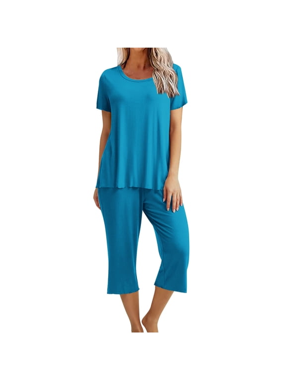 Pajamas for Women SetShort Sleeve Round Neck Top with Capri Pants with Pockets Casual Sleepwear Pjs Loungewear Sets Dark Blue XXL