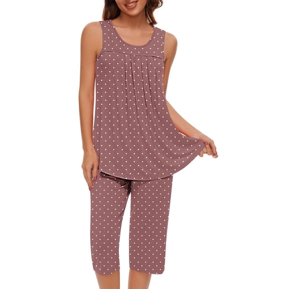 Ecqkame Pajamas for Women Set Crew Neck Sleeveless Tank Top and Elastic Waist Bermuda Pants Printing Sleepwear A-Pink XL