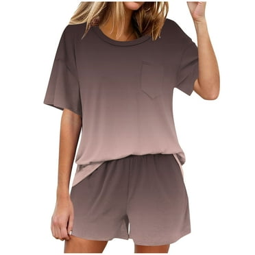 Ecqkame Pajamas for Women Set Short Sleeved Crew Neck Top with Short Pants Set Casual Laungwear Pajama Outfit B-Pink S on Clearance