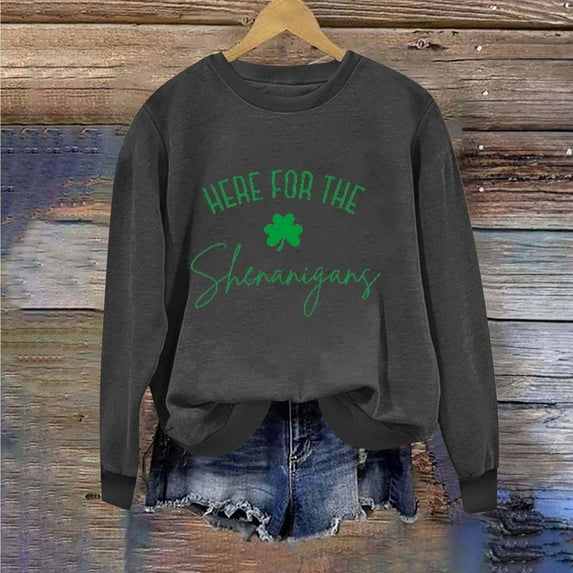 Ecqkame Patrick's Day Sweatshirts Floral Printed Shirt Casual Irish Gift Long Sleeve Crew Neck Graphic Pullover Tops A-Dark Gray L