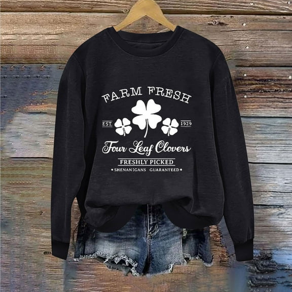 Ecqkame Patrick's Day Sweatshirts Floral Printed Shirt Casual Irish Gift Long Sleeve Crew Neck Graphic Pullover Tops B-Black XS