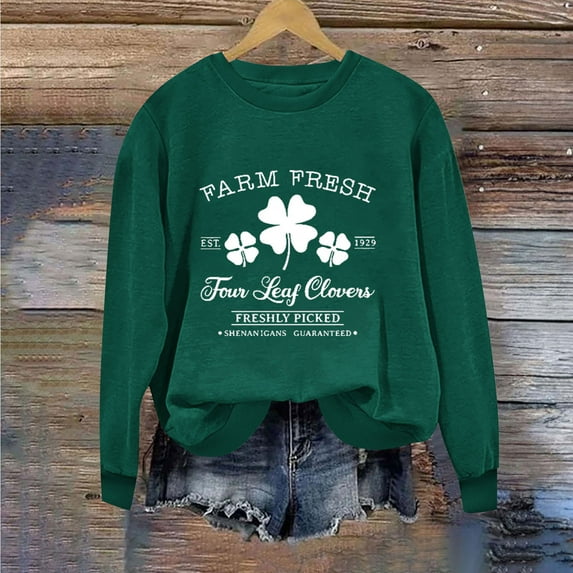 Ecqkame Patrick's Day Sweatshirts Floral Printed Shirt Casual Irish Gift Long Sleeve Crew Neck Graphic Pullover Tops B-Green XL on Clearance