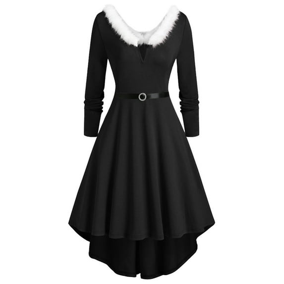 Ecqkame Plaid Dress for Women Vintage Christmas Cocktail Dresses Clearance Women Dress Plaid Long Sleeve Christmas Furry V-Neck Draw Back Dress Black L