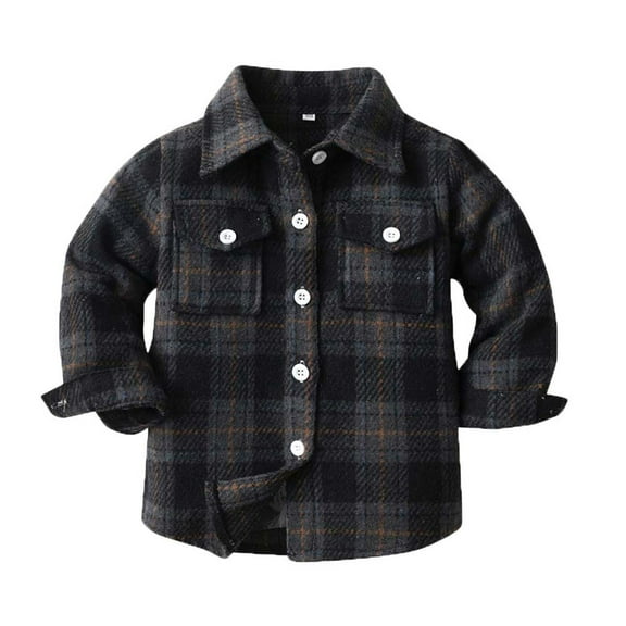 Ecqkame Plaid Jacket for Toddler Baby Boy Cutton Fall Casual Long Sleeve Turndown Collar Shirt Button Up Clothes with Pockets Black 4-5 Years