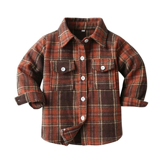 Ecqkame Plaid Jacket for Toddler Baby Boy Cutton Fall Casual Long Sleeve Turndown Collar Shirt Button Up Clothes with Pockets Brown C 4-5 Years