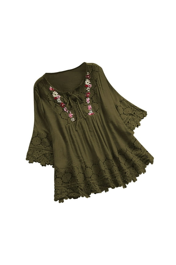 Plus Size Blouse for Women Vintage Lace Patchwork Bow V-Neck Embroidery Summer Solid Tops T-Shirt Green L