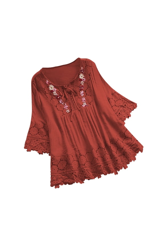 Plus Size Blouse for Women Vintage Lace Patchwork Bow V-Neck Embroidery Summer Solid Tops T-Shirt Red S