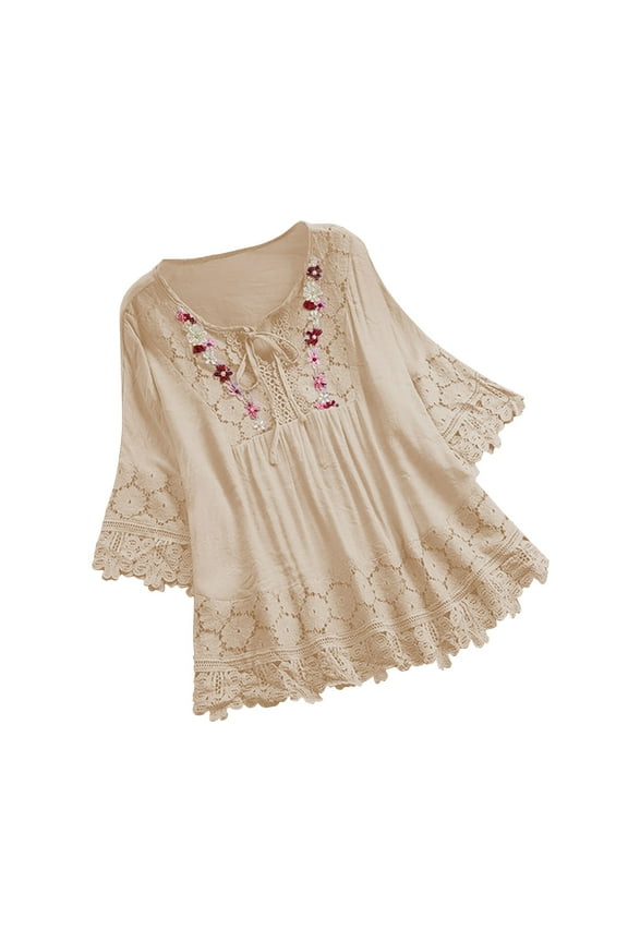 Plus Size Blouse for Women Vintage Lace Patchwork Bow V-Neck Embroidery Summer Solid Tops T-Shirt White XXL