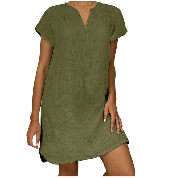 Ecqkame Plus Size Dress Fashion Women Loose V-Neck Summer Solid Short Sleeve Cotton And Linen Dress Green L