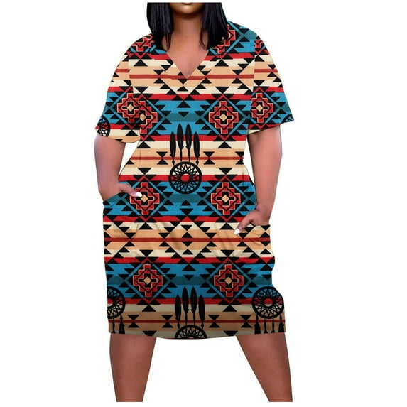 Ecqkame Plus Size Dress For Women Casual V Neck Summer Casual Sundresses Pocket Knee Short Sleeve With Pockets Navy XXL on Clearance