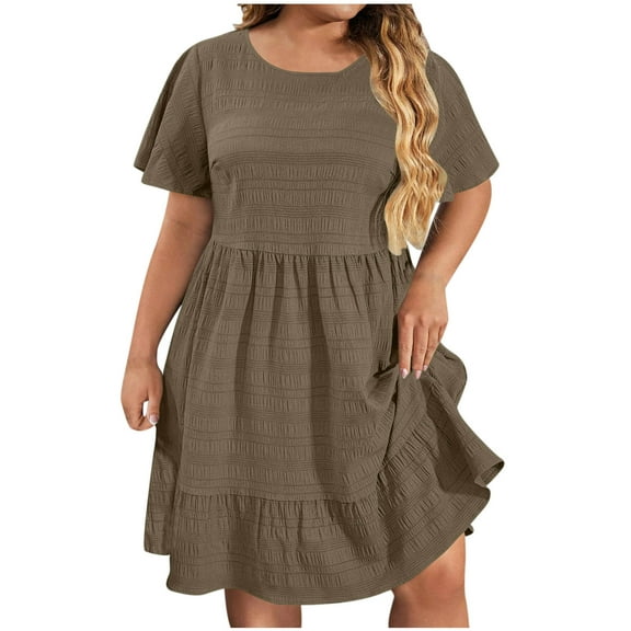 Ecqkame Plus Size Dresses for Women Summer Fashion Casual Solid Color Round Neck Short Sleeve Dress Loose Flowy Pleated Hem Vacation Dress with Pockets 03-Brown XXXL