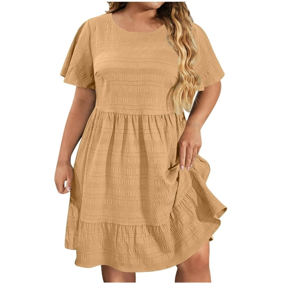 Ecqkame Plus Size Dresses for Women Summer Fashion Casual Solid Color Round Neck Short Sleeve Dress Loose Flowy Pleated Hem Vacation Dress with Pockets 03-Khaki XXXXXL