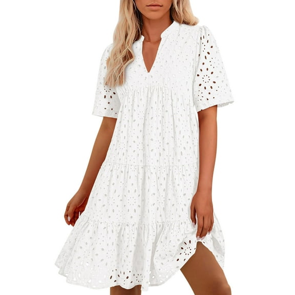 Ecqkame Plus Size Dresses for Women Summer Fashion Casual Solid Color V Neck Short Sleeve Dress Loose Flowy Hollow Out Vacation Dress with Pockets 02-White XL