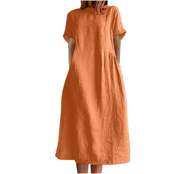 Ecqkame Plus Size Dresses for Curvy Women Fashion Solid Color Round Neck Short Sleeve Dress Womens Summer Dresses Orange XL