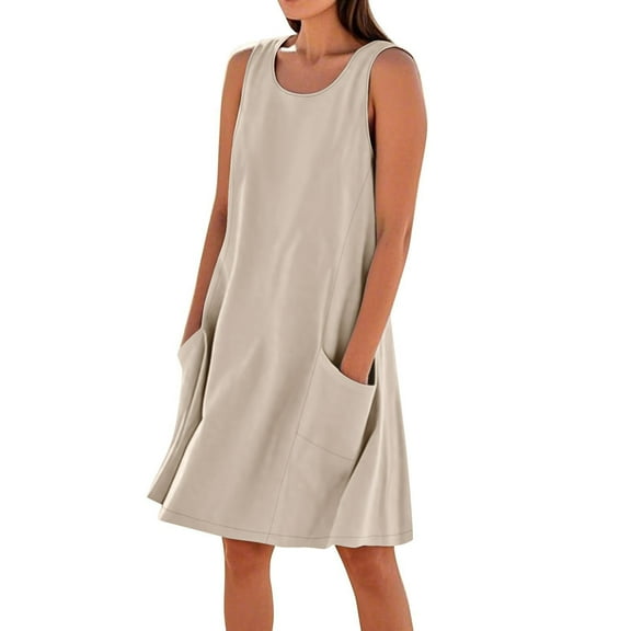 Ecqkame Plus Size Dresses for Women Cotton Linen Elegant Flowy Sundress Sleeveless Crew Neck Loose Dress with Pockets Khaki-A XL
