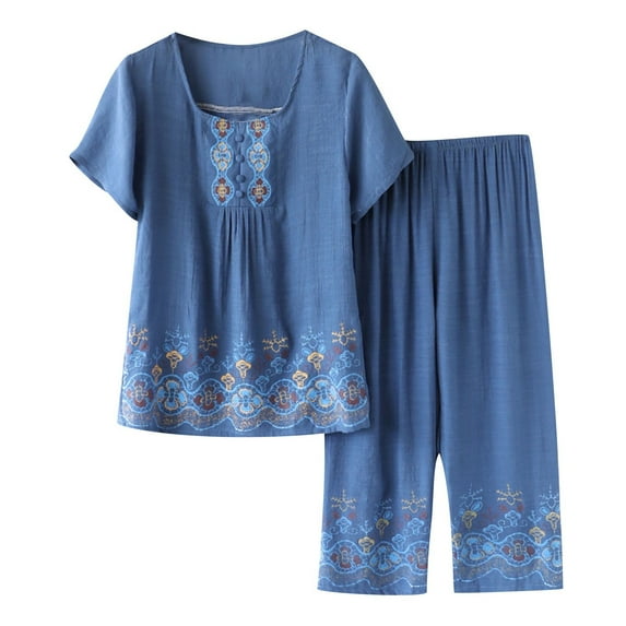 Ecqkame Plus Size Pajamas for Women Set Short-Sleeved Crew Neck Top Capris Pants Sets Lightweight Casual Printed Sleepwear B-Blue XL