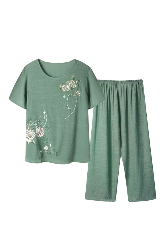 Plus Size Pajamas for Women Set Short-Sleeved Crew Neck Top Capris Pants Sets Lightweight Casual Printed Sleepwear C-Green XL