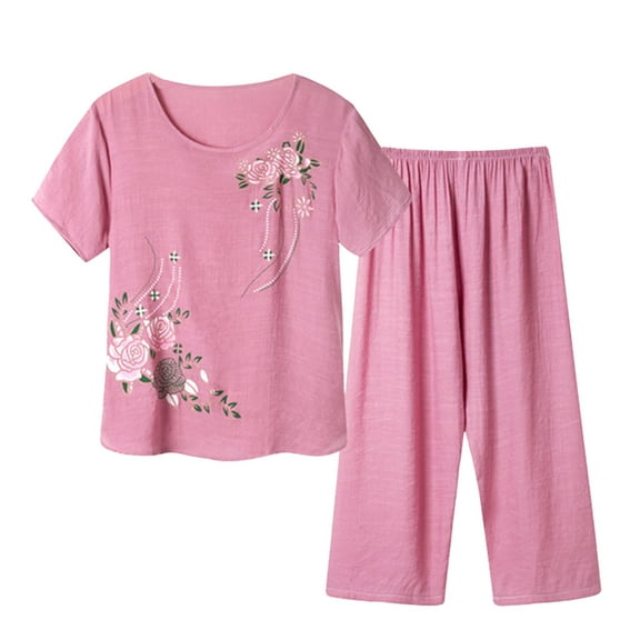 Ecqkame Plus Size Pajamas for Women Set Short-Sleeved Crew Neck Top Capris Pants Sets Lightweight Casual Printed Sleepwear C-Pink XXXL