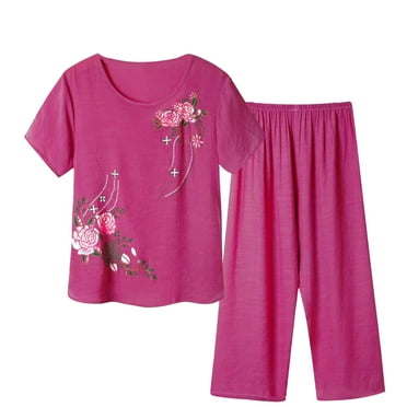 Ecqkame Plus Size Pajamas for Women Set Short-Sleeved Crew Neck Top Capris Pants Sets Lightweight Casual Printed Sleepwear C-Purple XXXL on Clearance