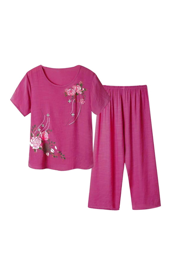 Plus Size Pajamas for Women Set Short-Sleeved Crew Neck Top Capris Pants Sets Lightweight Casual Printed Sleepwear C-Purple XXXL