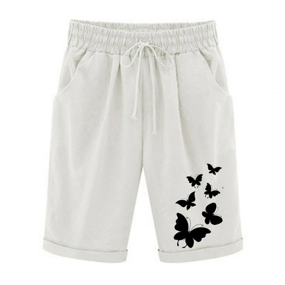 Ecqkame Plus Size Shorts for Women Women's Summer Printed Five Points Large Size Cotton Linen Pants Casual Pants Shorts White M