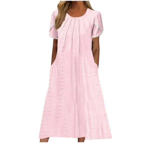 Ecqkame Plus Size Summer Dresses Loose Casual Solid Color Short Sleeve Round Neck Flowy Pleated Dresses for Women 2024 Pink M on Clearance