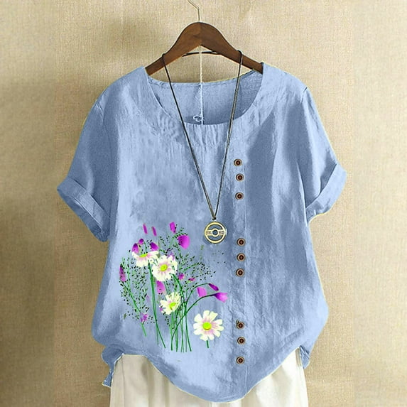 Ecqkame Plus Size T Shirt for WomenWomen's Summer Casual Round Neck Short Sleeve Flower Printing Loose Shirt Tops Light Blue M