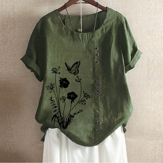 Ecqkame Plus Size T Shirt for WomenWomen's Summer Casual Round Neck Short Sleeve Printing Loose Shirt Tops Green XXL