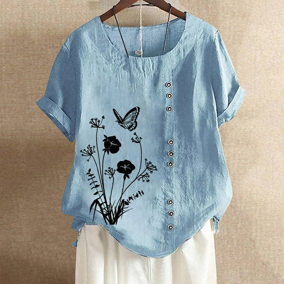 Ecqkame Plus Size T Shirt for WomenWomen's Summer Casual Round Neck Short Sleeve Printing Loose Shirt Tops Light Blue XXXXXL