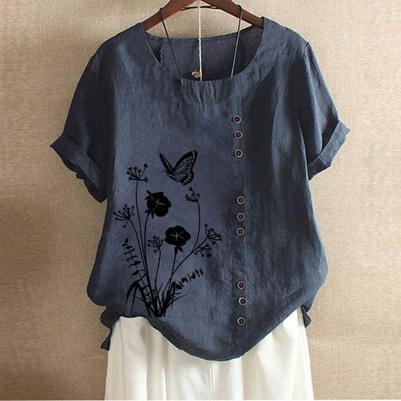 Ecqkame Plus Size T Shirt for WomenWomen's Summer Casual Round Neck Short Sleeve Printing Loose Shirt Tops Navy S