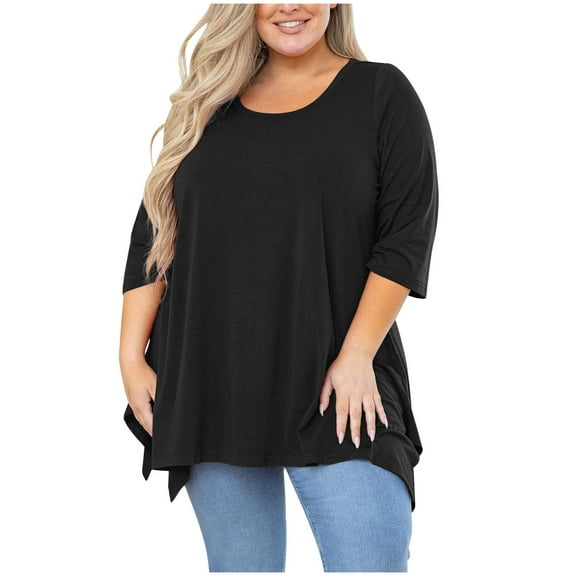 Ecqkame Plus Size Tops For Women Trendy 3/4 Sleeve Shirts Crew Neck T-Shirt Hem Irregular Solid Color Loose Tops 01-Black XXXXL