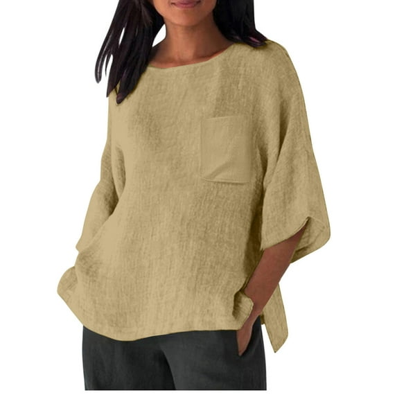Ecqkame Plus Size Tops for Women 3/4 Sleeve Round Neck Loose Casual Breathable Comfy Summer Tops Women Top Khaki S