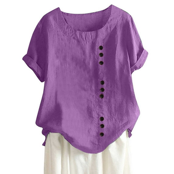 Ecqkame Plus Size Tops for Women Clearance Women's Fashion Summer Round Neck Leisure Short Sleeve Solid Buttons Tops Purple S