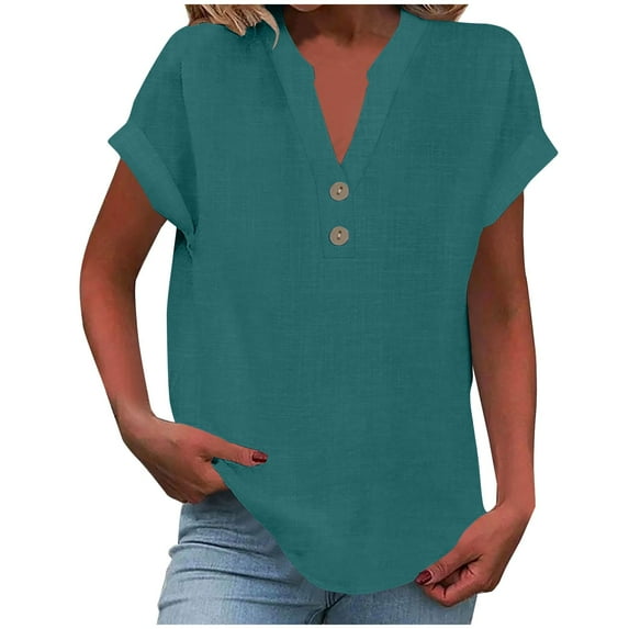Ecqkame Plus Size Tops for Women Summer Cotton Linen V Neck Short Sleeve Tee Shirts Button Casual Loose Breathable Blouse Green XXL