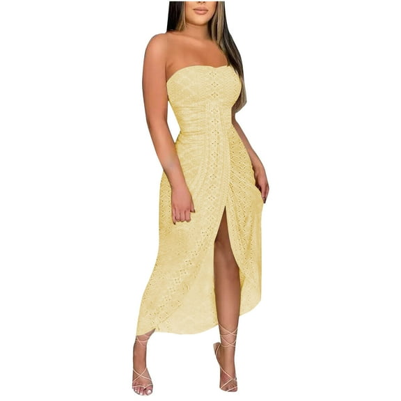 Ecqkame Prom Dresses 2025 Sexy Strapless Tube Evening Dress Solid Color Wrap Hips Hollow-Out Long Dress Yellow S