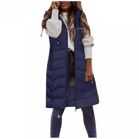 Ecqkame Puffer Jacket for Women Hooded Sleeveless Zip Up Coat Winter Warm Long Jacket with Pocket Navy B XXXXL