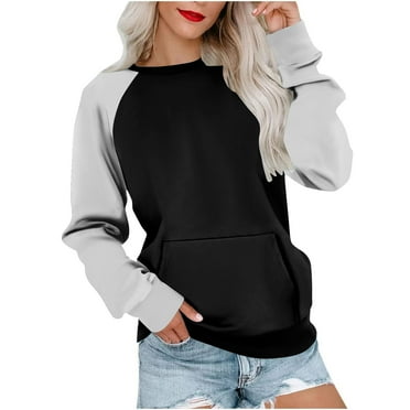 Ecqkame Pullover Sweatshirt for Women Casual Crew Neck Long Sleeved Sweater Loose Color Block Tops Fall Winter Clothes Fashion 2024 A-Black M on Clearance