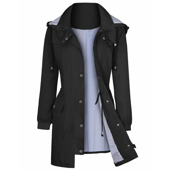 Ecqkame Rain Jacket Women Long Hooded Trench Coats Full Zip Solid Color Outdoor Windproof Loose Raincoat Windbreaker Travel Jacket With Pocket D-Black XL on Clearance