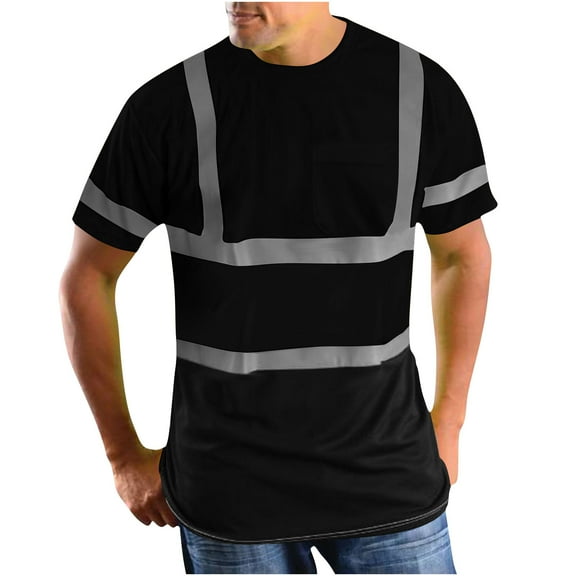 Ecqkame Reflective Tops for Men High Visibility Safety Short Sleeve Shirts Crew Neck Loose Work T Shirt with Pocket 01-Black M