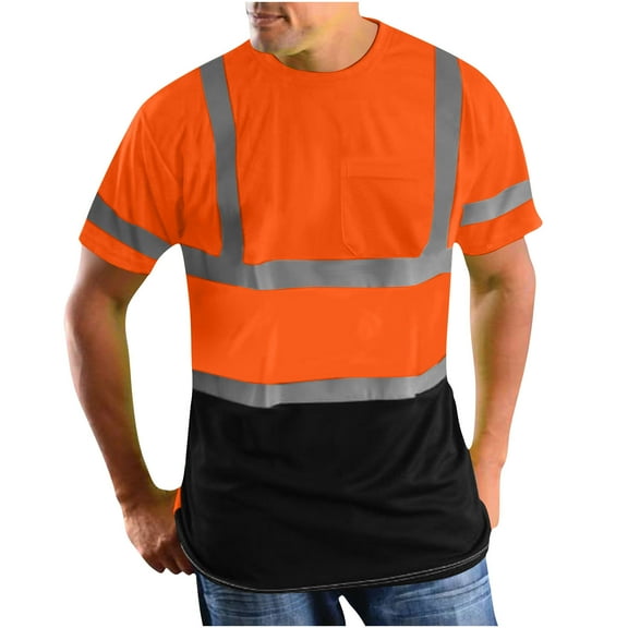 Ecqkame Reflective Tops for Men High Visibility Safety Short Sleeve Shirts Crew Neck Loose Work T Shirt with Pocket 01-Orange XL