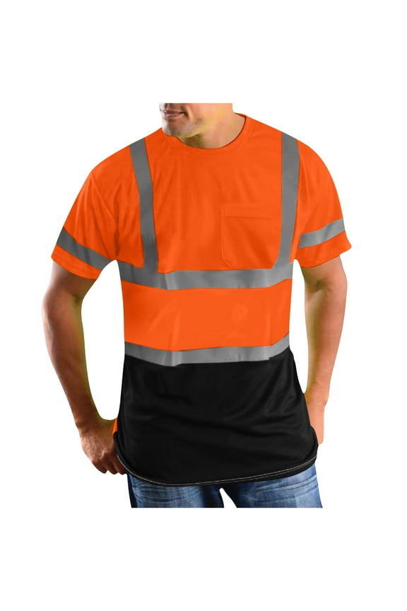 Reflective Tops for Men High Visibility Safety Short Sleeve Shirts Crew Neck Loose Work T Shirt with Pocket 01-Orange XL