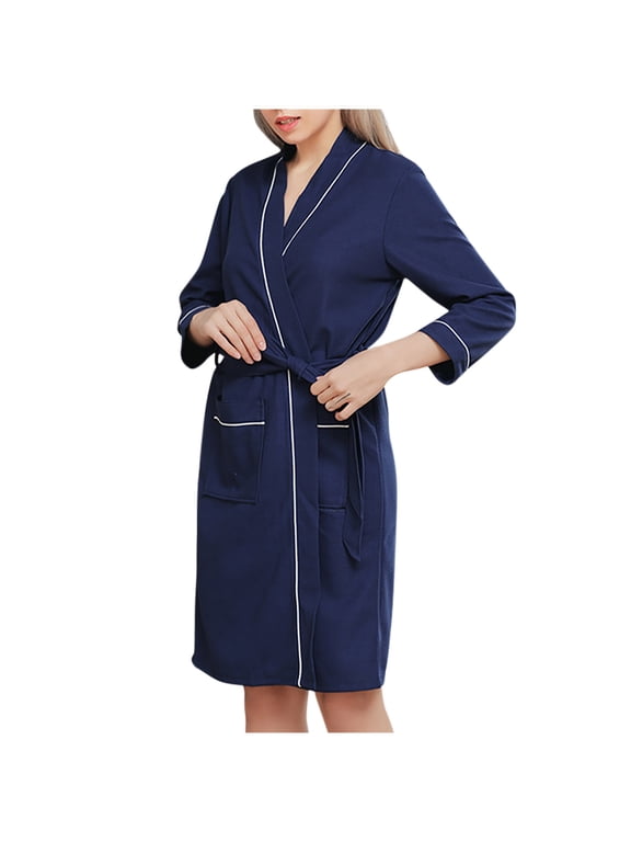 Robes for Women Waffle Texture Shawl Collar Long Sleeve Bathrobe Tie Waist Solid Color Loungewear Night Robe with Pockets Blue XXXL