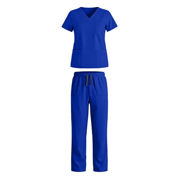 Ecqkame Scrub Set for Women Short Sleeve V-Neck Tops and Long Pants Breathable Stretch Nurses Medical Uniform Outfits Blue M
