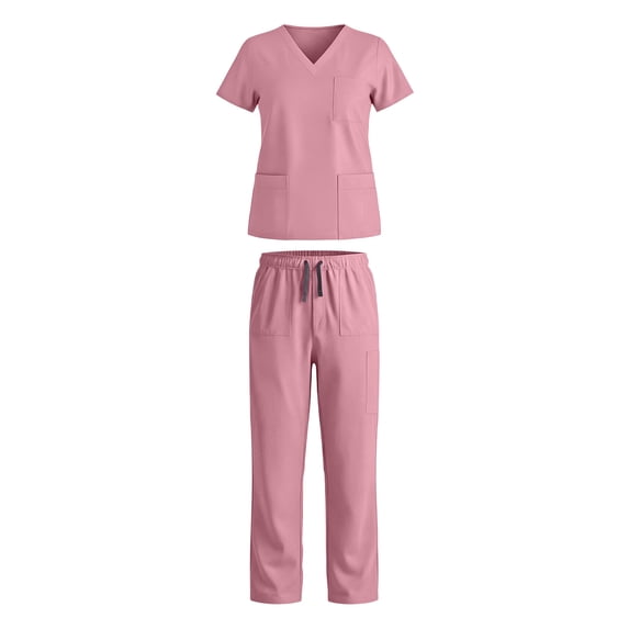 Ecqkame Scrub Set for Women Short Sleeve V-Neck Tops and Long Pants Breathable Stretch Nurses Medical Uniform Outfits Pink S