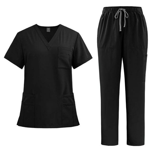 Ecqkame 2 Piece Sets for Women V-Neck Short Sleeve Top and Pocket Jogger Pants Athletic Nursing Stretch Workwear Black-A L