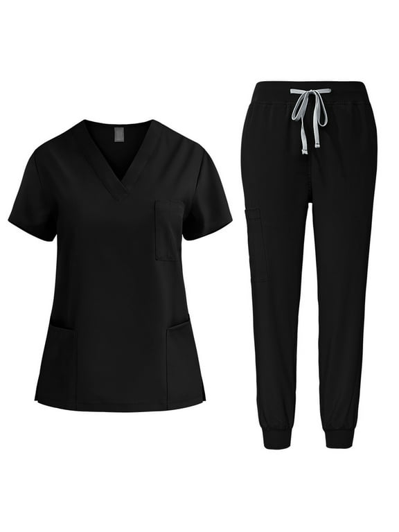 Scrub for Women Sets Short Sleeve V Neck Top and Drawstring Pockets Pants Medical Uniform Nurse's Workwear Solid Suits Black XXL