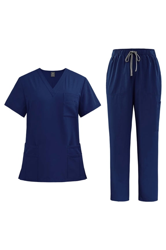 2 Piece Sets for Women V-Neck Short Sleeve Top and Pocket Jogger Pants Athletic Nursing Stretch Workwear Dark Blue-A XL
