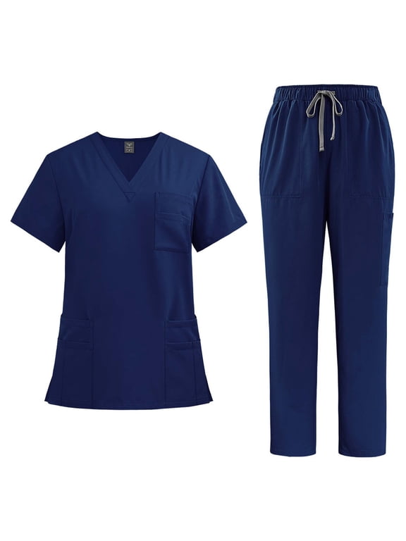 2 Piece Sets for Women V-Neck Short Sleeve Top and Pocket Jogger Pants Athletic Nursing Stretch Workwear Dark Blue-A XXL