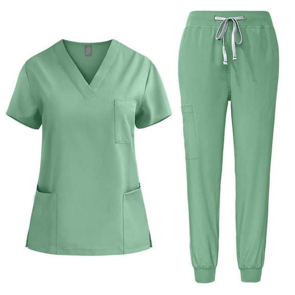 Ecqkame 2 Piece Sets for Women V-Neck Short Sleeve Top and Pocket Jogger Pants Athletic Nursing Stretch Workwear Mint Green S